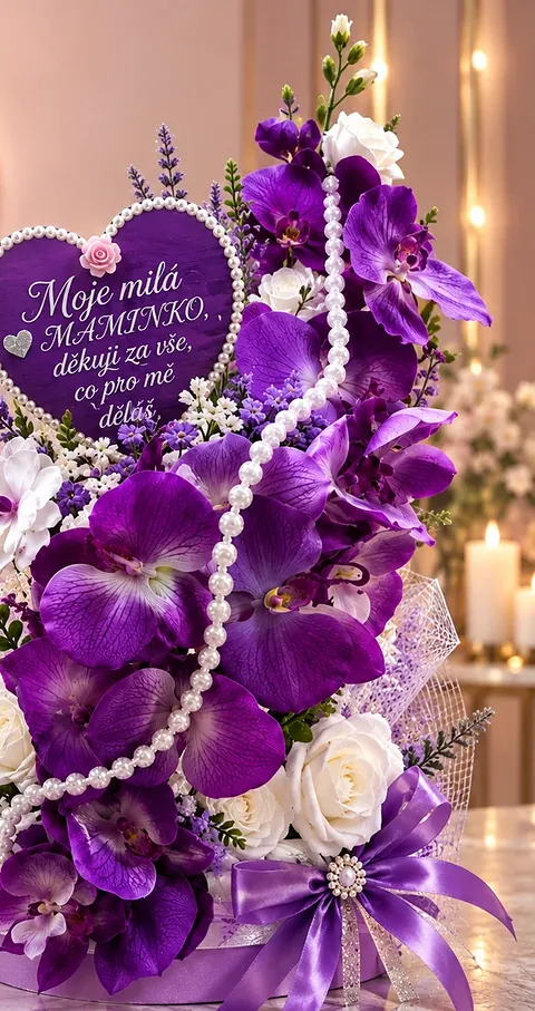 Aranžmá s orchidejemi a srdíčkem, fialová, bílá, perleť