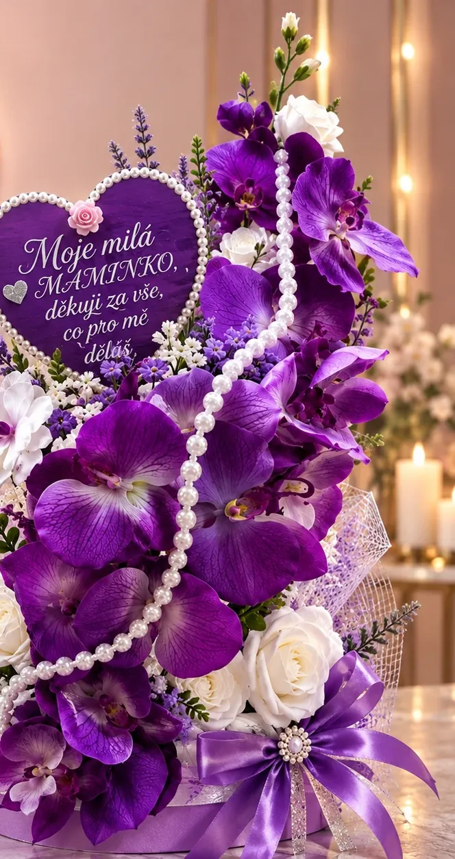 Aranžmá z fialových orchidejí a bílých růží s perlami a srdíčkem s věnováním pro maminku