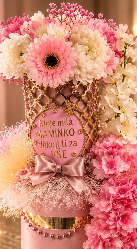 Květinová váza s věnováním, pudrová růžová, bílá, zlatá