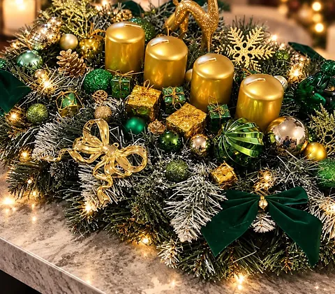 Adventní svícen se zlatými svícemi, smaragdová a zlatá