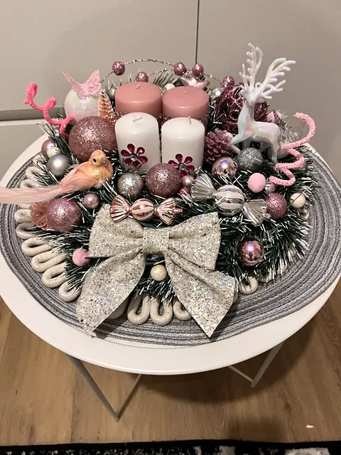 Adventní věnec s ptáčkem, růžová, stříbrná